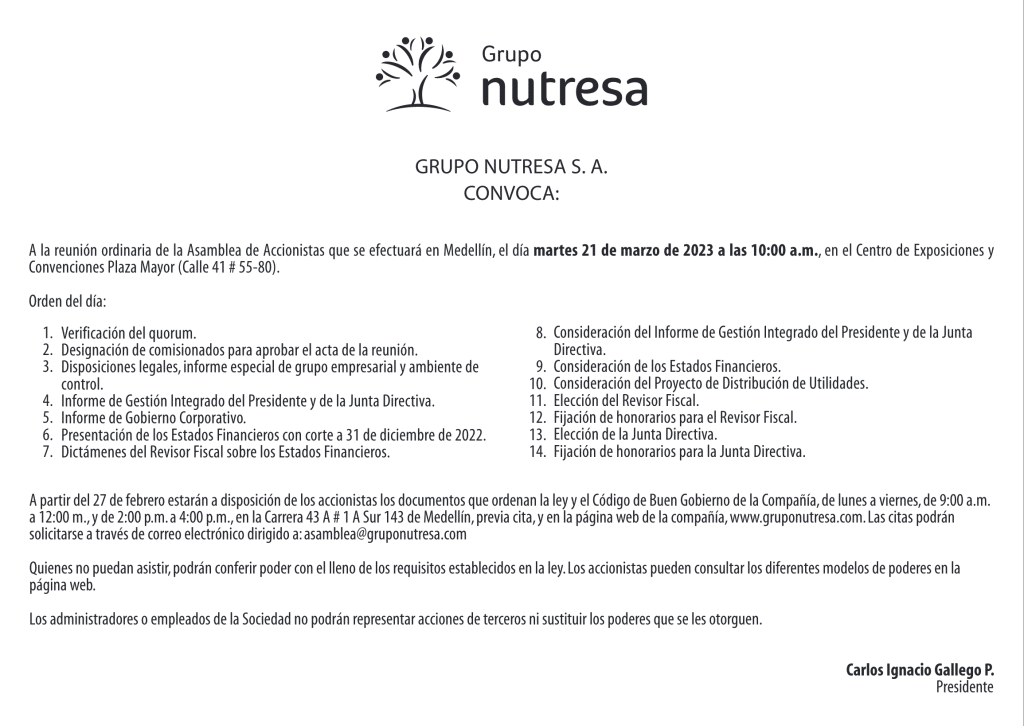 Convocatoria Reunión Ordinaria De La Asamblea De Accionistas Nutresa